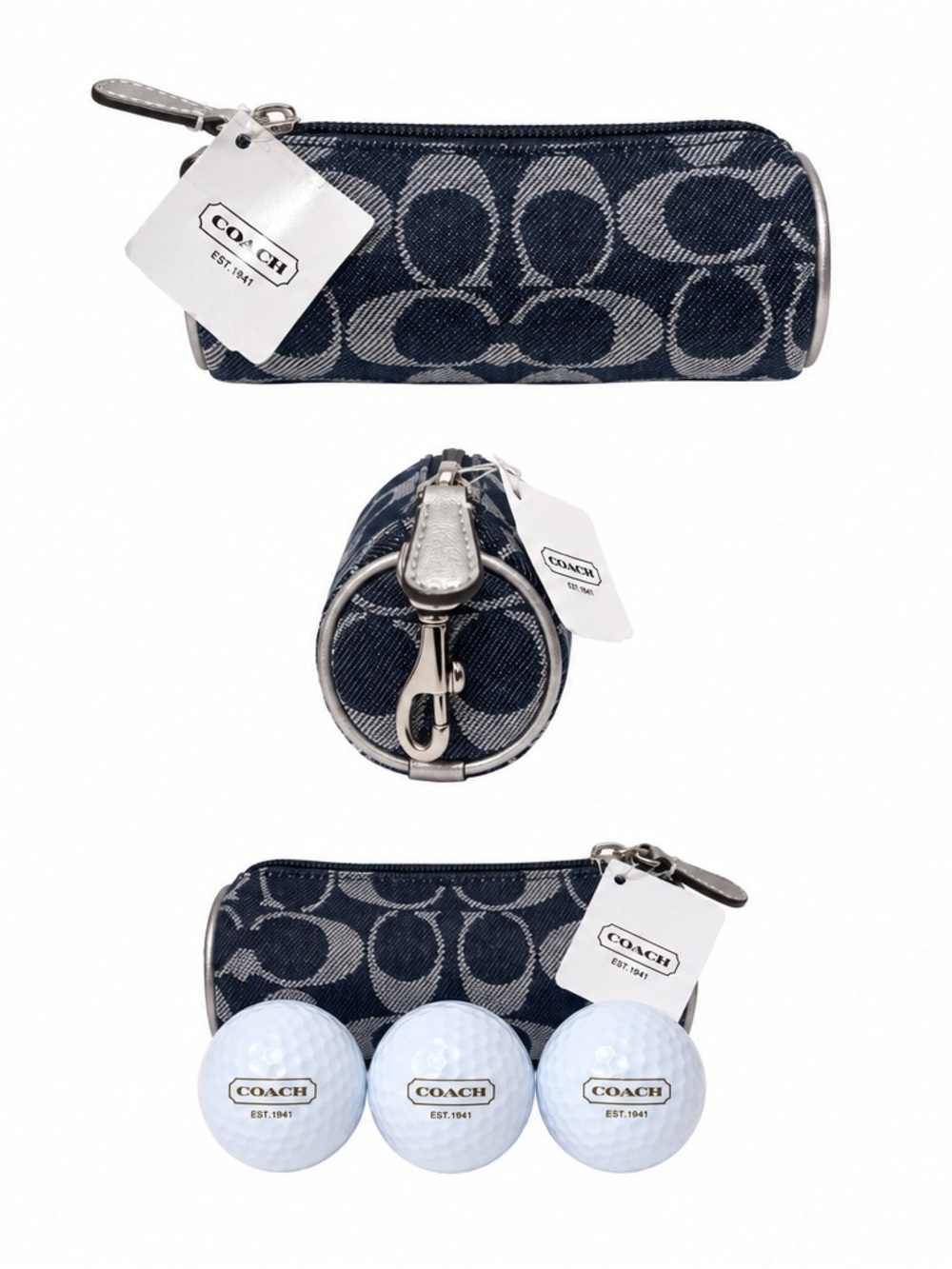 NEW - Authentic Coach Golf Set 3 Balls & Denim Signature C Pouch Silver F65345